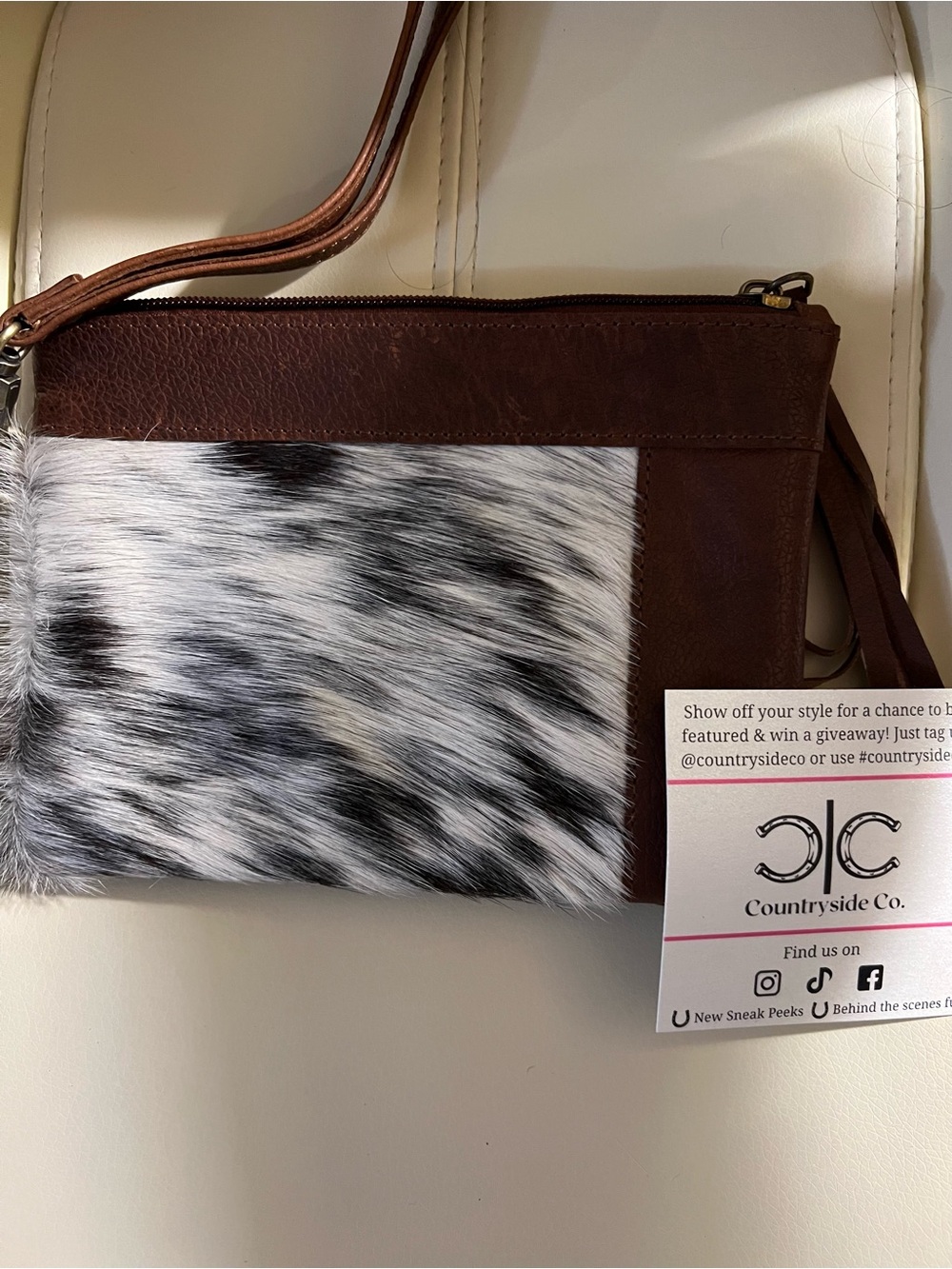 Brown Leather & Black White Cowhide Wristlet Clutch